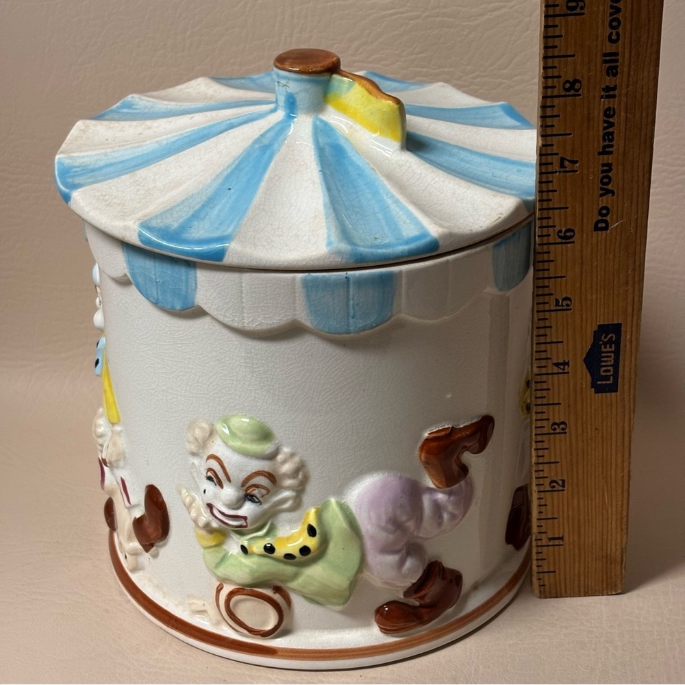 Vintage Clown Cookie Jar Ceramic Circus Tent Whimsical Playful Blue stripe - Picture 8 of 8